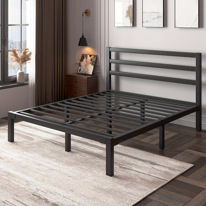 Metal Platform Bed Frame with Slatted Headboard – Under Bed Storage, No Box Spring Needed, Sturdy Metal Slats, Black White, Twin Full Queen King