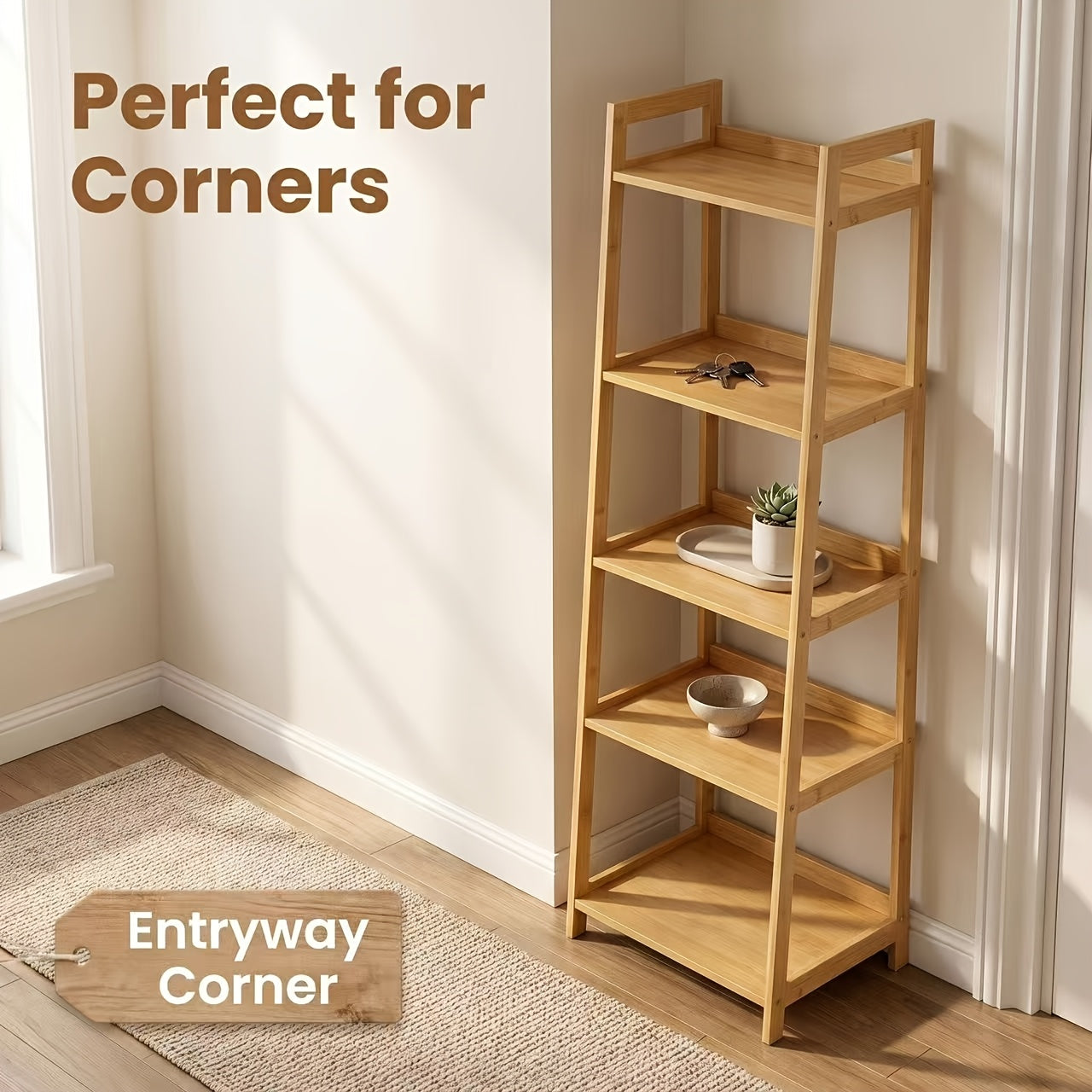 5 Tier Bookshelf, Modern Open Bookcase, Ladder Bookshelf Open Storage Rack Wood Ladder Shelf, Bookcase Shelf Storage Organizer, Industrial Book Shelves for Home