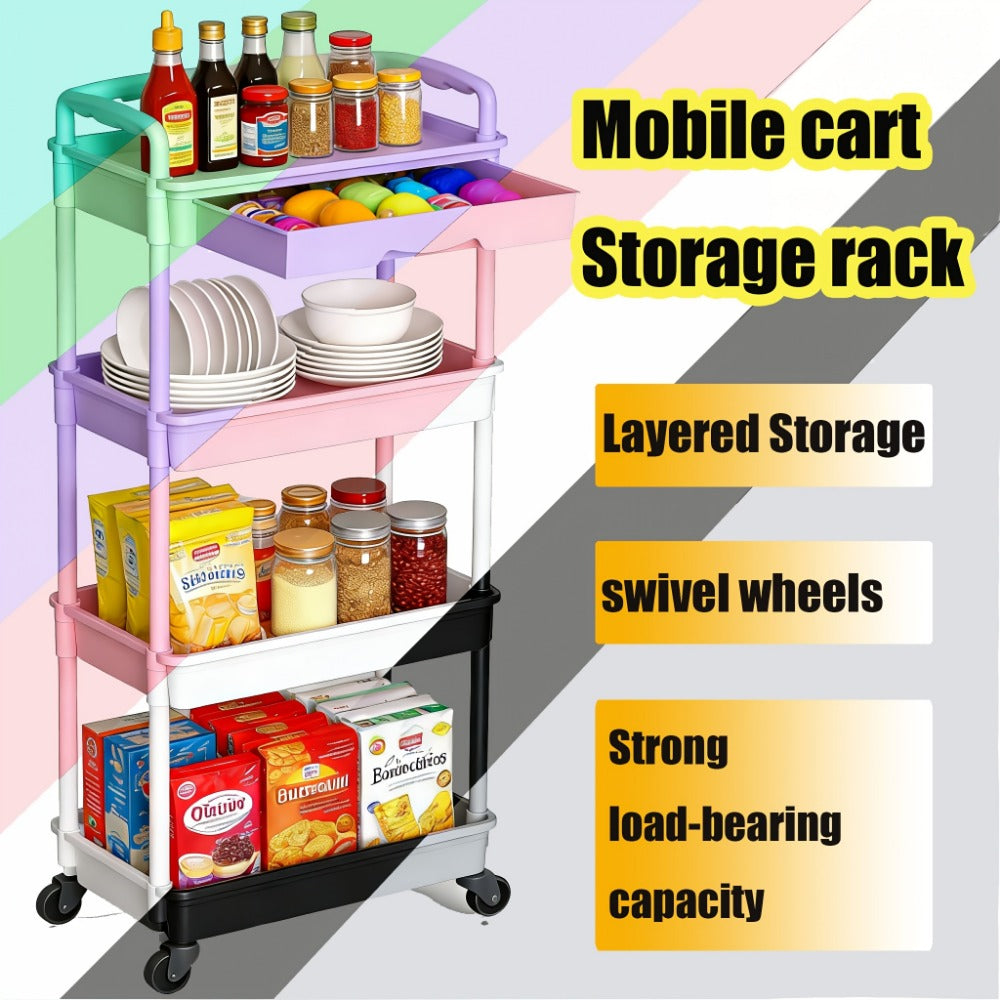 Rolling Storage Cart with Drawers 3 or 4 Tier Plastic Organizer Lockable Wheels Cup Holder Hooks for Kitchen Bathroom Living Room Bedroom Purple Black Blue Green Grey Pink White