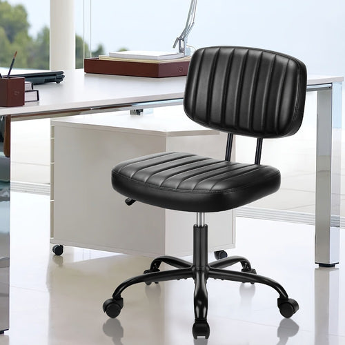 Armless Small Desk Chair with Memory Foam Seat – PU Leather Rolling Task Chair with Low Back Lumbar Support for Vanity, Bedroom, Living Room & Study, Brown, Beige, Black
