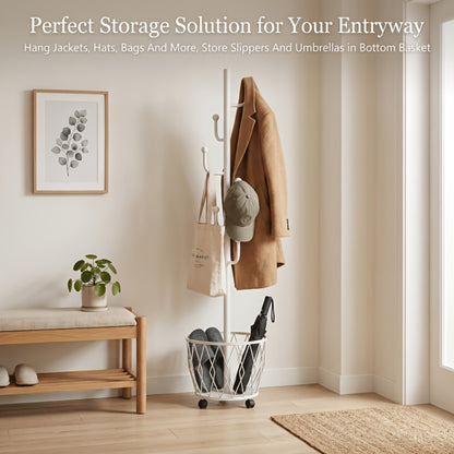 Freestanding Rolling Coat Rack with Storage Basket, Heavy-Duty Metal Garment Hanger with Hooks and Wheels, Space-Saving Clothes Organizer for Entryway Bedroom Living Room