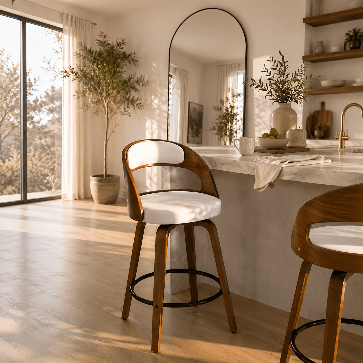 Modern 26" Counter Height Bar Stools Set Of 2, Ergonomic Faux Leather Swivel Chairs With Solid Wood Legs & Metal Footrest, Armless Design For Kitchen & Home Bar