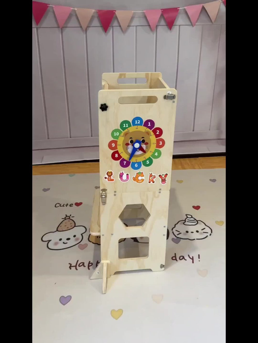 4-in-1 Toddler Standing Tower with Learning Clock & Blackboard - Foldable Multi-Functional Step Stool, Wood Climbing Ladder & for & (Toddler Learning, Motor Skills Development)