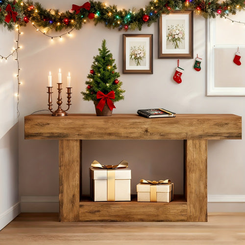 Farmhouse Console Table with U-Shaped Base & Open Shelf, Rustic Country Style MDF Entryway Table for Living Room Hallway Foyer Corridor