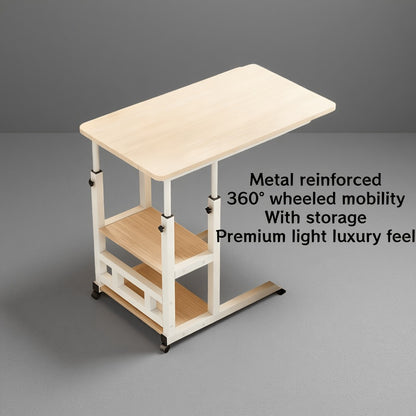 Over-Bed Table with 2-Tier Storage Rack Rolling Mobile Bedside Table for Sofa Bed Laptop Snacks Metal Frame Smooth Wheels Space-Saving Nightstand