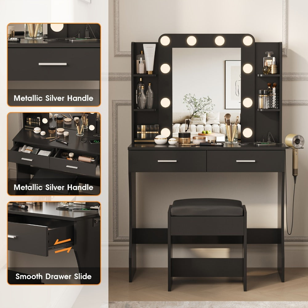 LED Vanity Desk with Lighted Mirror & Stool – 6-Drawer Makeup Dressing Table with 10+ LED Strip Lights | Plug-and-Play Modern Vanity for Bedroom, Dorm & Beauty Salon