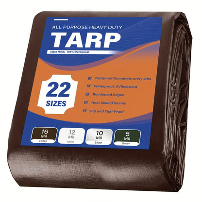 Super Heavy Duty 16 Mil Brown Poly Tarp Cover | UV Resistant, Thick Waterproof, Rip and Tear Proof Tarpaulin with Grommets and Reinforced Edges, PVC Coating, 1000D × 1000D Yarn Spec