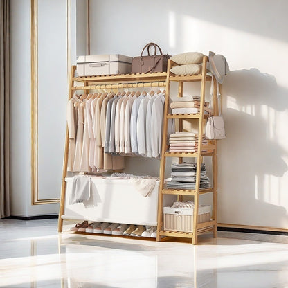 A multi capacity storage rack with brown and brown options, equipped with 5 side storage racks. A hat rack with shelves and bags is suitable for home storage, and a side hat hook is suitable for bedroom and hat room storage Specifications: with bag or wit