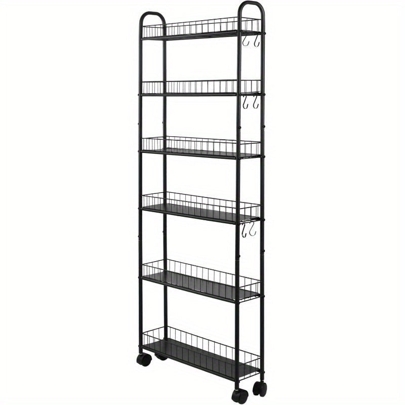 A Slim, Six-Tiered Storage Cart on Wheels, Designed for Utility And Mobility, Perfect for Organizing Spaces in The Kitchen Or Bathroom. Available in Black, with Dimensions Ranging from 6 to 10 Inches