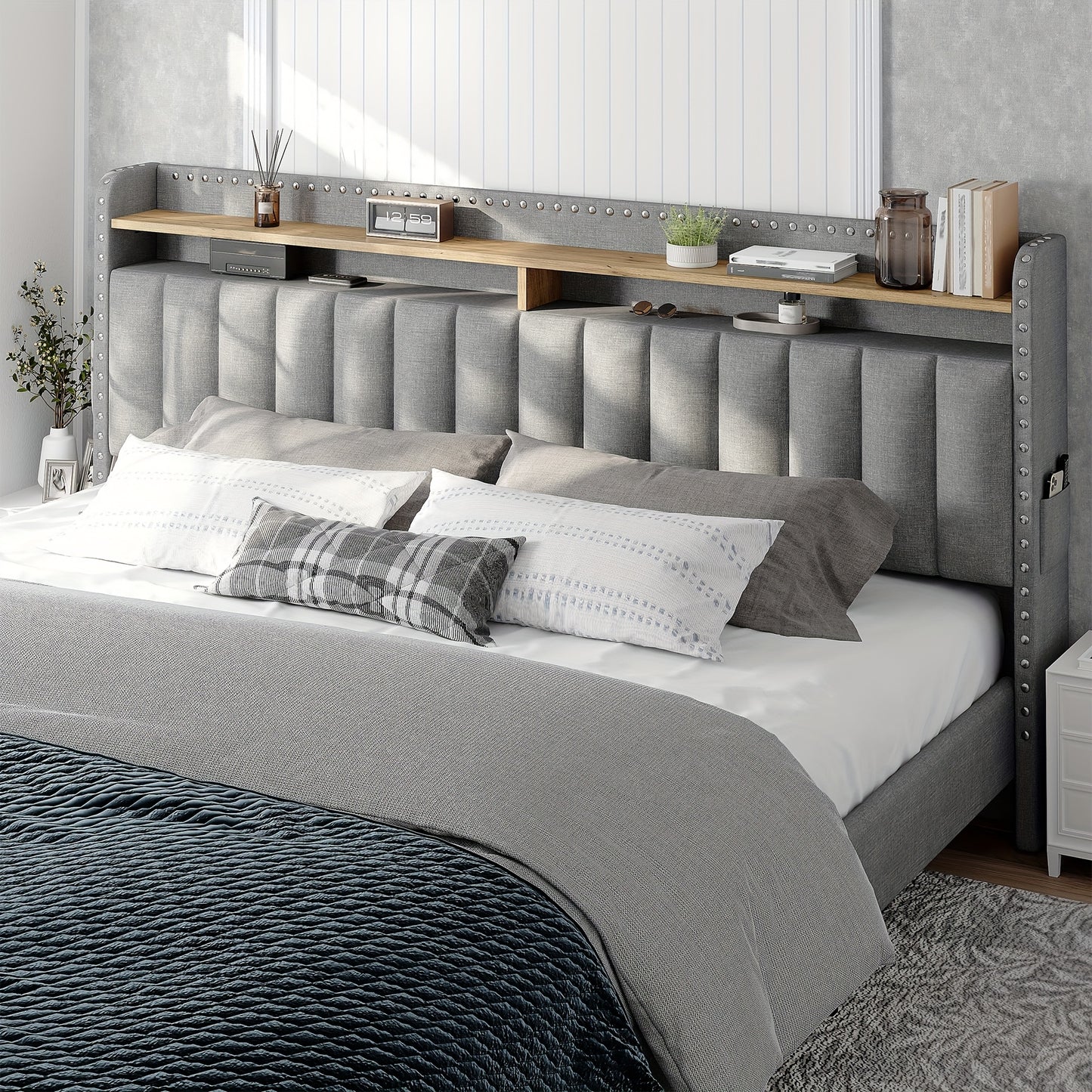 King Size Upholstered Bed Frame with Storage, 2-Tier Headboard And 2 Drawers, Sturdy Wood Slats, No Box Spring Needed, Noise-Free, Modern Grey/Beige, Easy Assembly, Space Saving