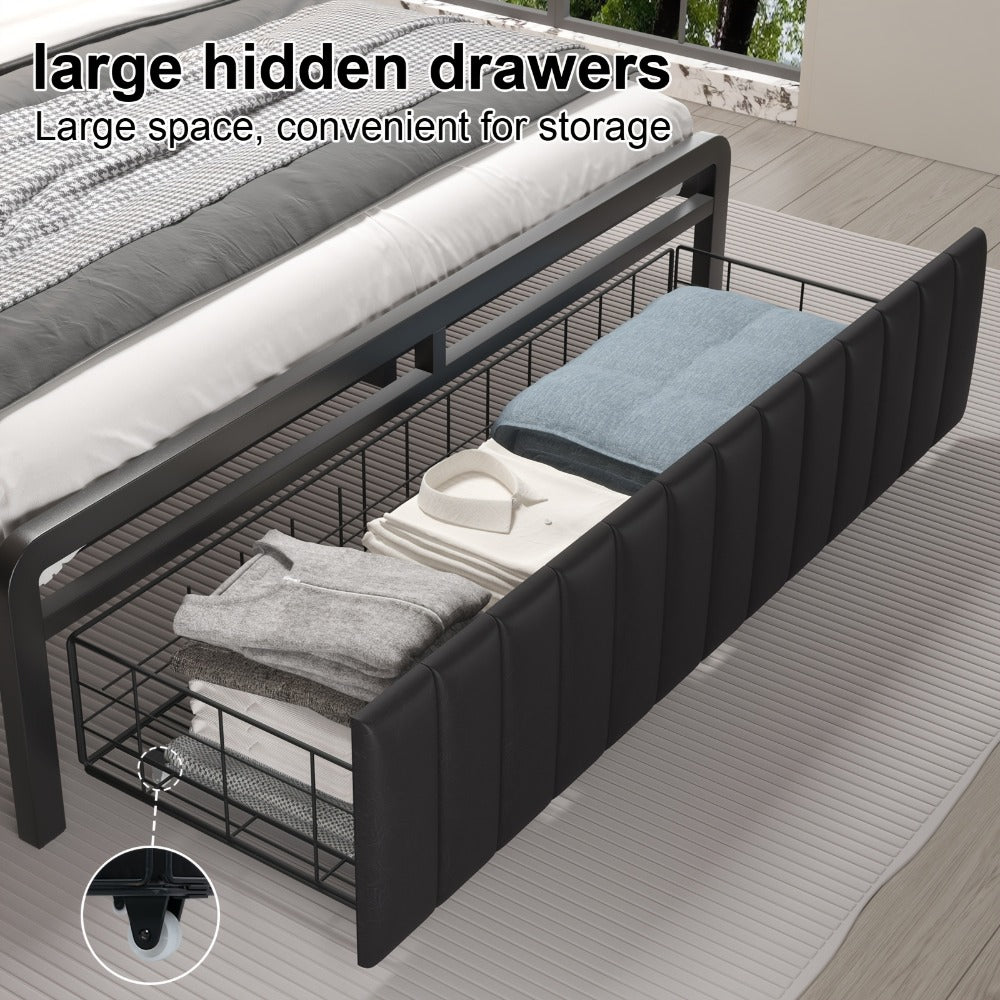Storage Bed Frame with 2-Tier Headboard & Hidden Drawers – Metal Platform, 12" Under-Bed Space, Full/Queen, Black