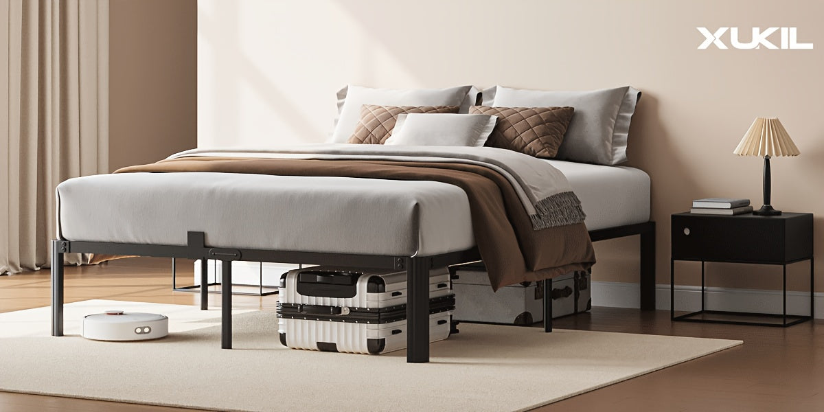 14 Inch Black Metal Bed Frame, King/Queen/Full/Twin Upgraded Rounded Fan-shaped Legs, 4 Mattress Limiters, 3500LBS Heavy-duty Steel Bars, No Need for Springs, No Noise, Reinforced Large Storage Space Below, Not Including Headboard, Easy to Assemble