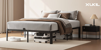 14 Inch Black Metal Bed Frame, King/Queen/Full/Twin Upgraded Rounded Fan-shaped Legs, 4 Mattress Limiters, 3500LBS Heavy-duty Steel Bars, No Need for Springs, No Noise, Reinforced Large Storage Space Below, Not Including Headboard, Easy to Assemble