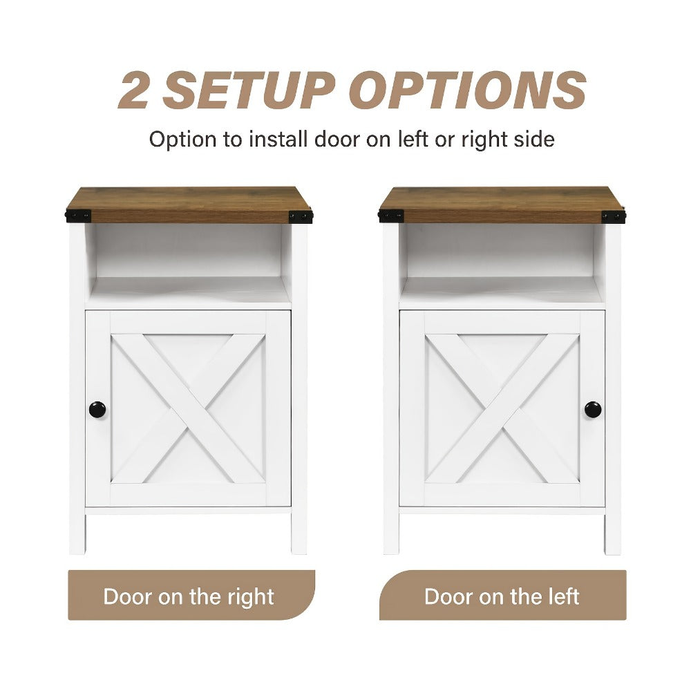 Farmhouse Nightstand with Barn Door & Shelf, Rustic Modern Bedside Table End Table for Bedroom Living Room Entryway, 23.7"x15.8" – Set of 1 or 2, Navy Blue Grey White Oak Black