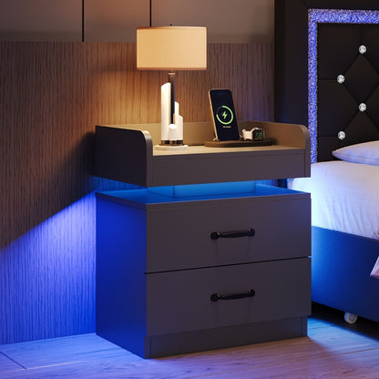 Nightstand with Charging Station LED Lights 2 Drawers Modern Black Bedside Table End Table with Storage for Bedroom Living Room