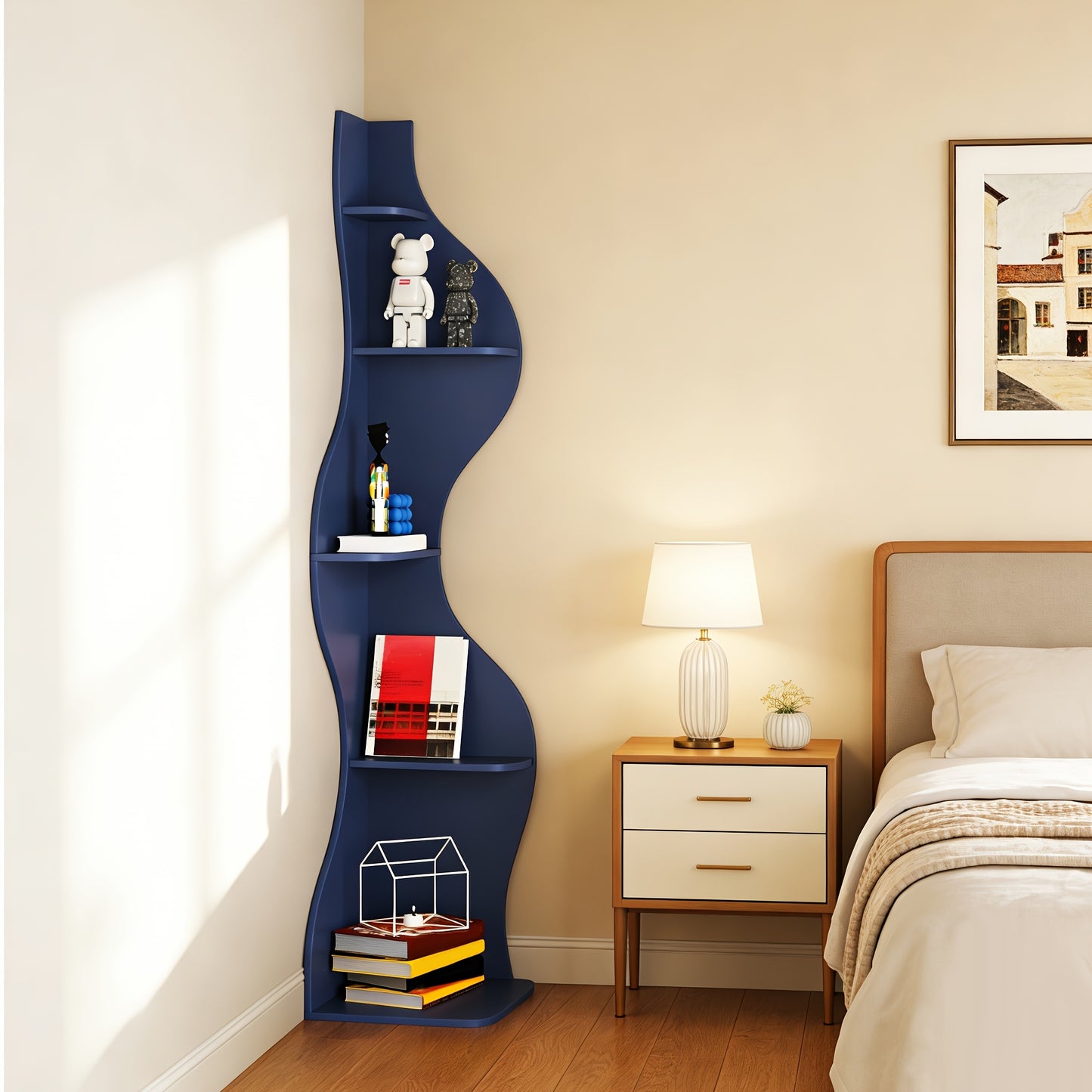 Corner Bookshelf, 5 Tier Modern Bookshelf Black Bookcase Small Storage Rack Wall Stylish