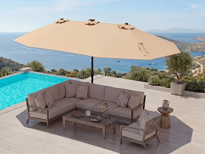 [Double Sided Umbrella] 13ft Double Sided Patio Umbrella with Solar Lights, Includes Stand Base, Outdoor Large Patio Umbrella with Crank Handle, Outdoor Extra Large Market Table Umbrella, 12 Heavy-duty Ribs, for Outside, Market, Patio, Deck, Swimming Pool