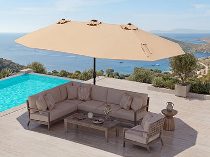 [Double Sided Umbrella] 13ft Double Sided Patio Umbrella with Solar Lights, Includes Stand Base, Outdoor Large Patio Umbrella with Crank Handle, Outdoor Extra Large Market Table Umbrella, 12 Heavy-duty Ribs, for Outside, Market, Patio, Deck, Swimming Pool