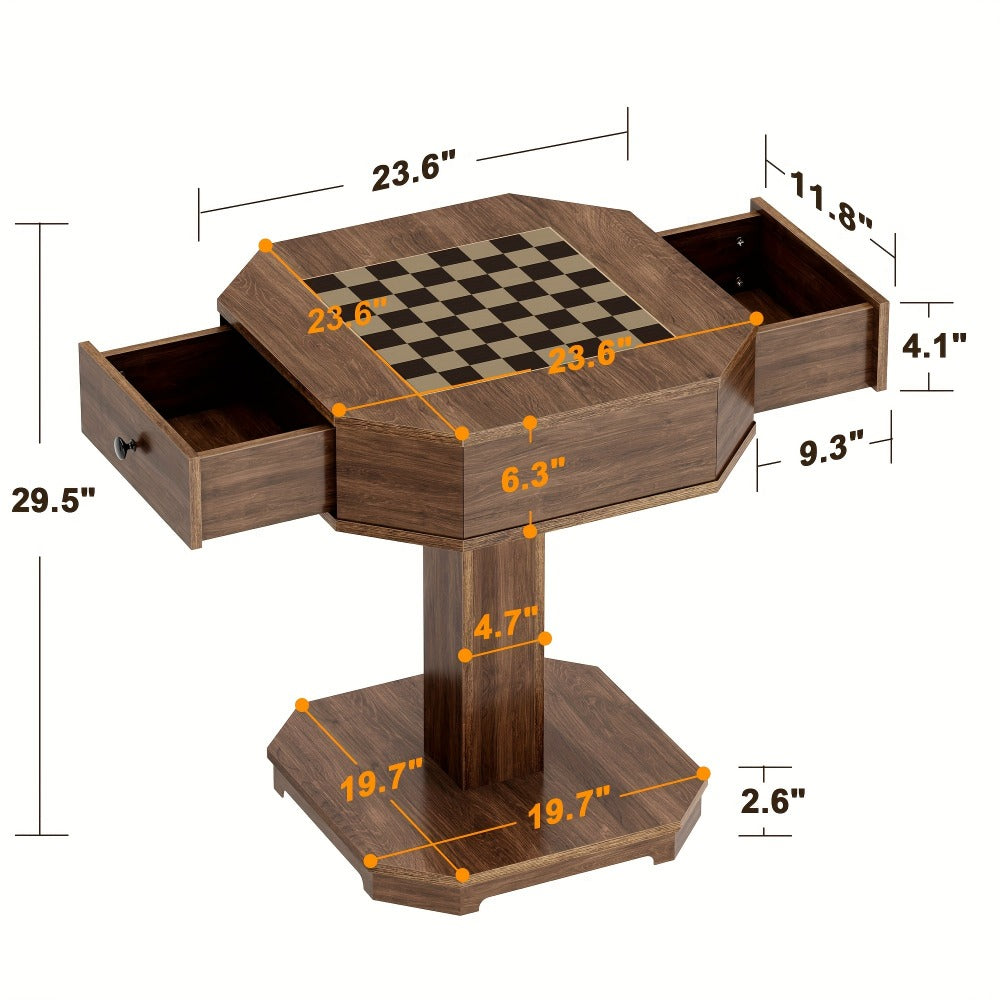 Chess & Checkers Game Table with 2 Storage Drawers - Walnut Wood Game Board Table, Family Board Game Table Doubles as Side Table, 220 LB Capacity, 23.6" Square