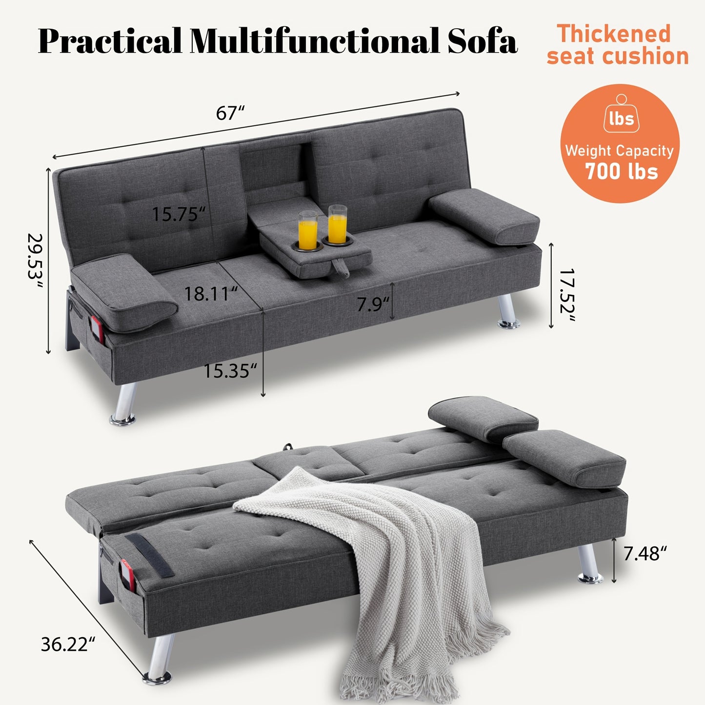 Futon Sofa Bed shown in the Dark Gray option
