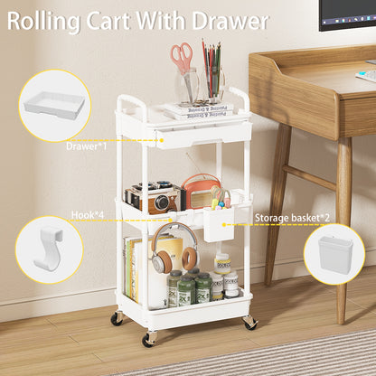 Rolling Utility Cart with Drawer - 360° Swivel Wheels, Plastic Shelves & Metal Frame, Multifunctional Storage Organizer for Bathroom, Kitchen, Office, Lab, Living Room - No Power Needed, Rolling Storage Cart, Home Organization, Compact Design, Durable Con