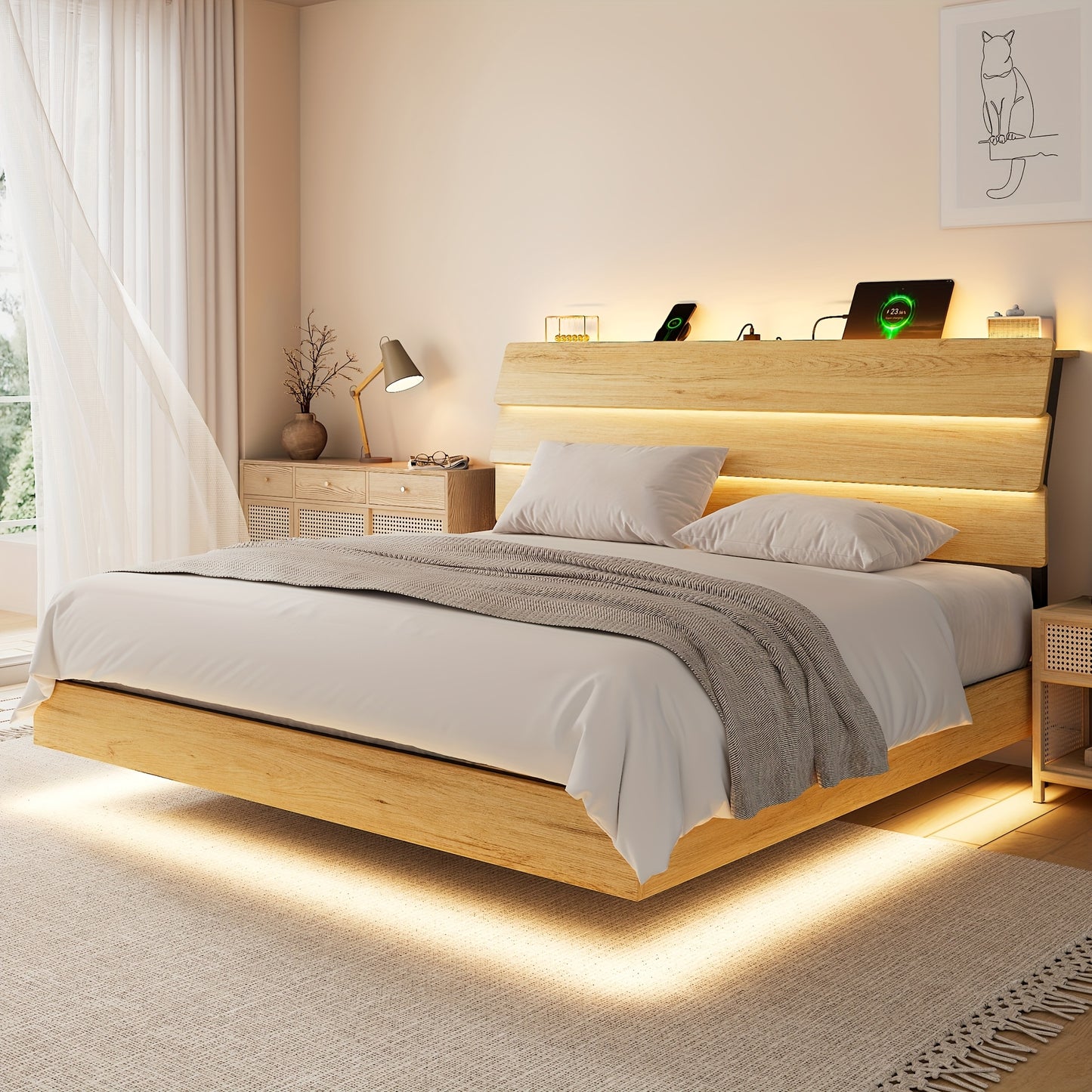 Valnase Floating Bed Frame with LED Lights, with Built-In Charging Station Storage Wooden Headboard, Heavy-Duty Metal Support, Easy Assembly