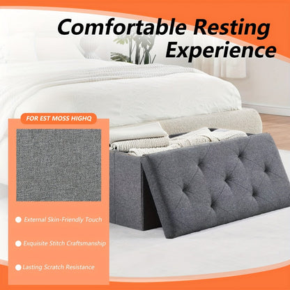 Outdoor Storage Ottoman Bench 30 & 43 Inch Folding Deck Box with Padded Seat, Patio Furniture Storage Chest End of Bed Bench for Living Room Bedroom Garden, Grey