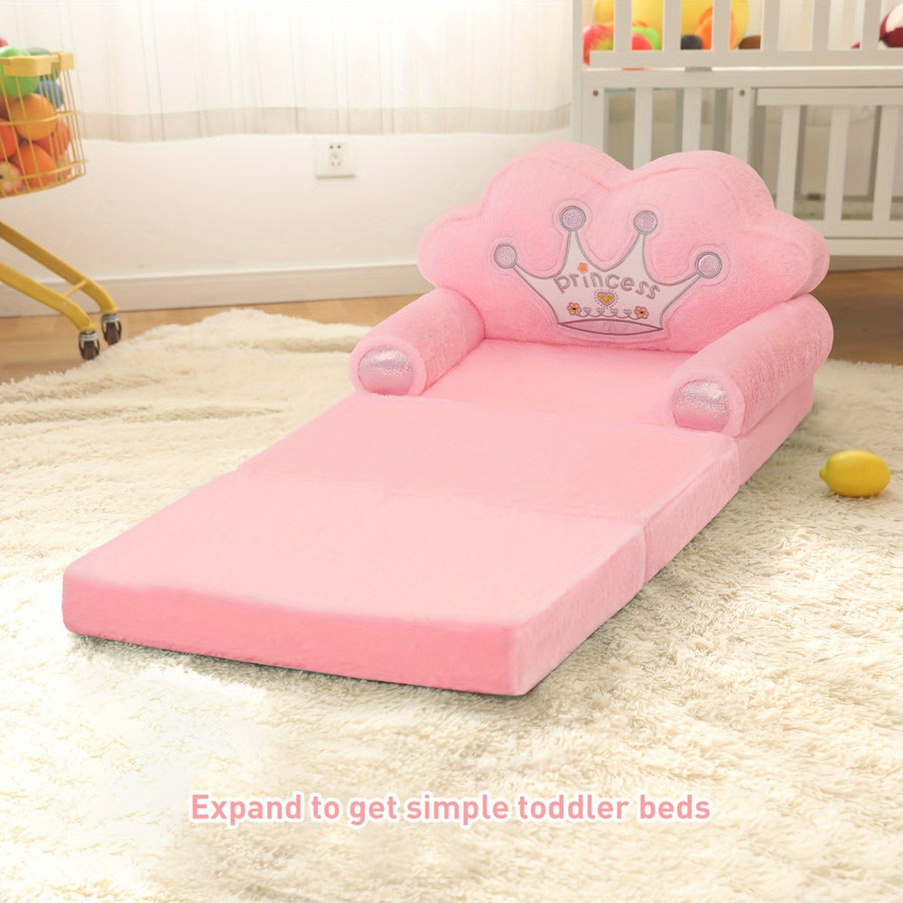 Kids Sofa Chair 2-in-1 Foldable Toddler Couch Lounger, Luxury Faux Rabbit Fur Plush Memory Foam with Pillow & Washable Cover, Nursery Playroom Seating, Birthday Gift for Girls Boys
