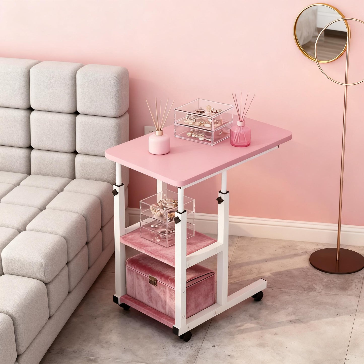 Over-bed Table with 2-layer Storage Rack- Mobile Bedside Table for Sofa, Bed and Bedroom, Versatile Nightstand, Suitable for Snacks, Laptop and Organizing Essentials(solid Metal Frame, Smooth Wheels, Space-saving Design)