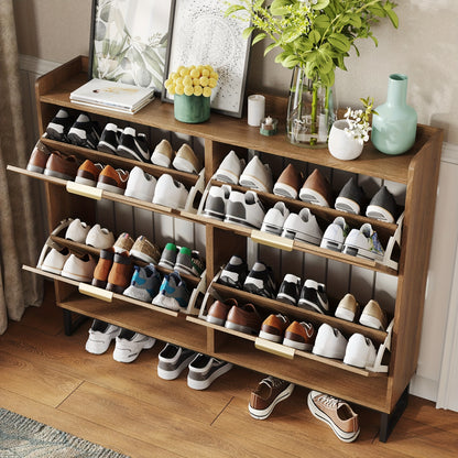 Rustic Oak Rattan Shoe Storage Cabinet, 2/3/4 Flip Drawers Freestanding Narrow Shoe Organizer, Shoe Rack With Sturdy Metal Legs And Hidden Golden Handles, Space Saving Hidden Footwear Storage Furniture Perfect For Entryway Hallway Front Door Home De