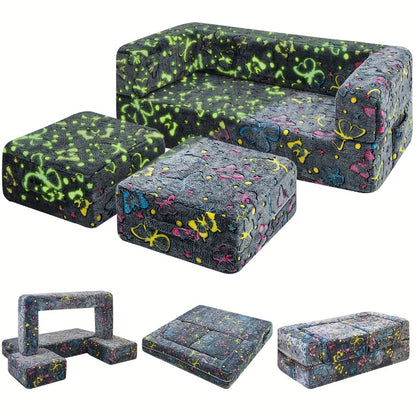 Folding Sofa Bed with LED Lights Multifunctional Convertible Sofa Cushion Floor Couch for Game Room Bedroom Living Room, Luminous Lazy Sofa Sleeper Chair Fold Out Bed