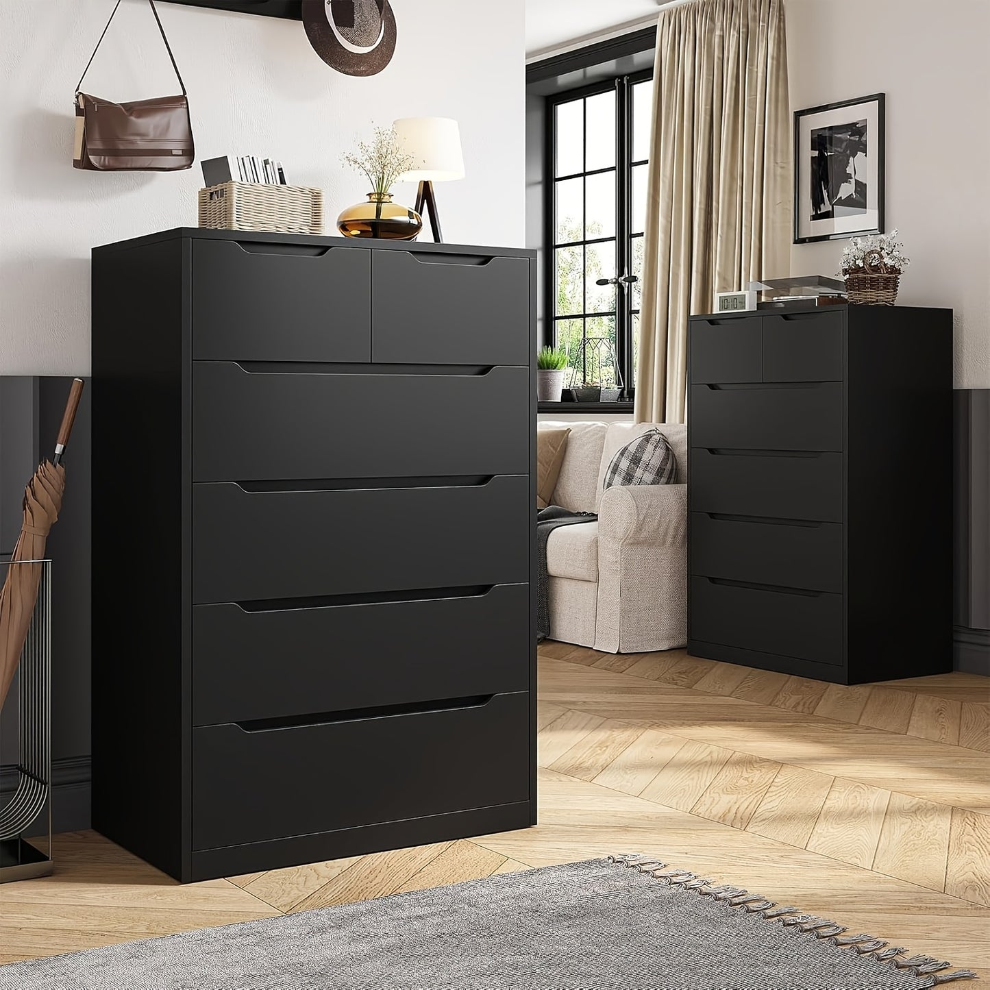 6-Drawer Dresser for Bedroom, Modern Chest of Drawers, Black Dresser with Large Organizer, Deep Drawer And Smooth Metal Rail, Black