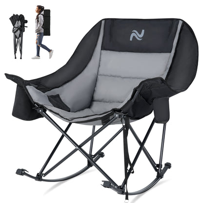 Oversized Rocking Camping Chair, Fully Padded Patio Chair with Cooler Bag and Side Pocket, High Back Portable Lawn Recliner Rocker Chairs for Camp, Patio, Supports 400 lbs