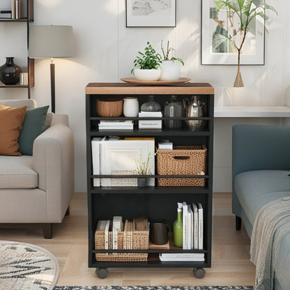 Slim Storage Cart with 4-Tier Slide Out Shelves, Rolling Narrow Utility Cart on Wheels for Small Spaces, Kitchen, Bathroom, Laundry Room, Rustic Design with Handle