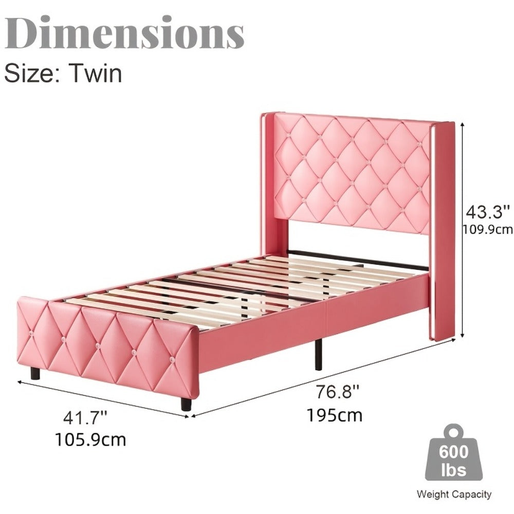 Diamond Tufted Bed Frame with Wingback Headboard & Silvery Side Wings – Upholstered, No Box Spring, Twin Full Queen King, 6 Colors