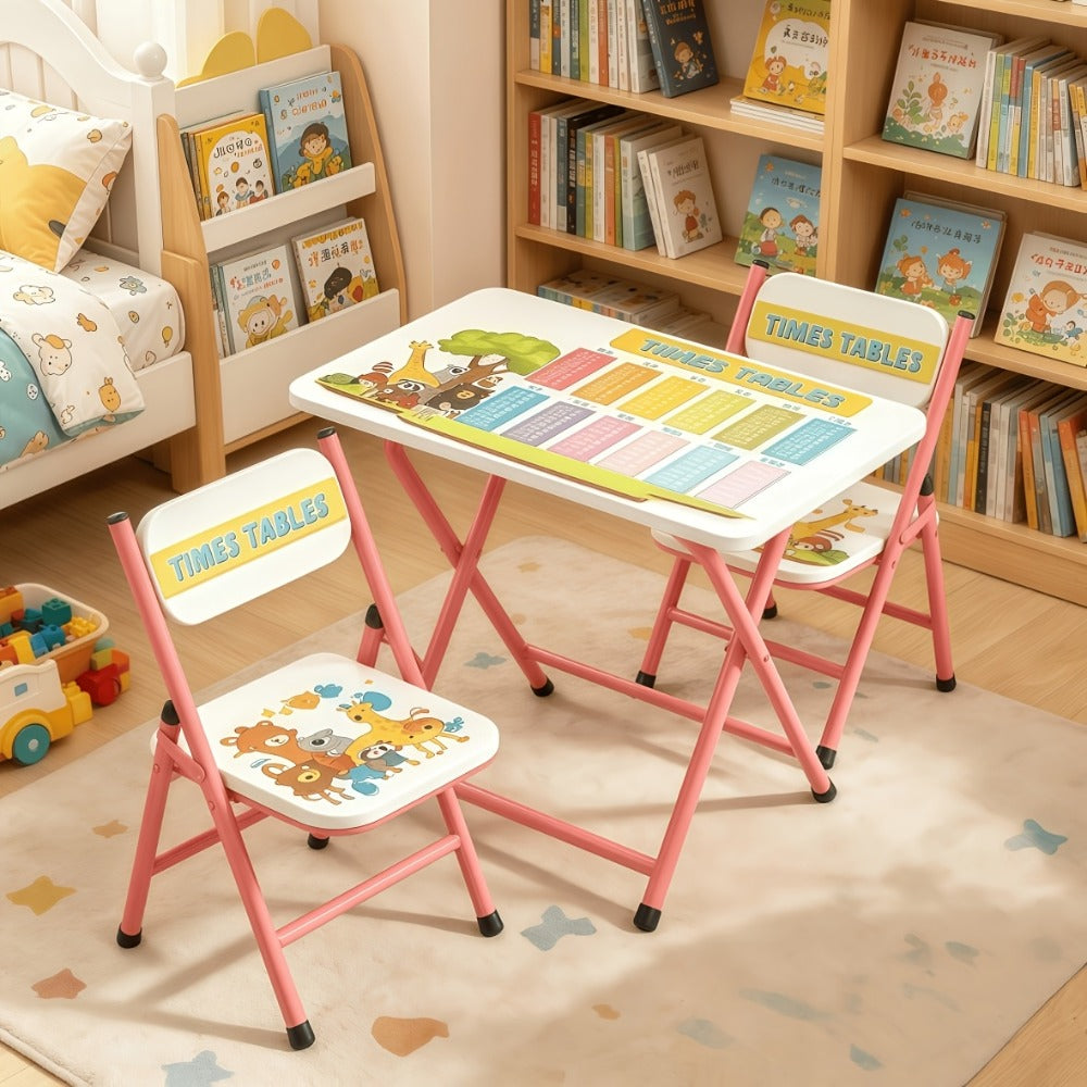 Foldable Kids Table & Chair Set with Cute Pattern, Sturdy Metal Frame Children's Desk for Writing, Drawing & Playtime