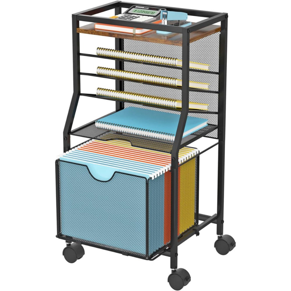 Rolling File Cart with Drawer for Hanging File Folders – Under Desk Office Cart with Paper Trays, Wood & Mesh 3-in-1 File Organizer, 14.8"L x 11.8"D x 27.7"H