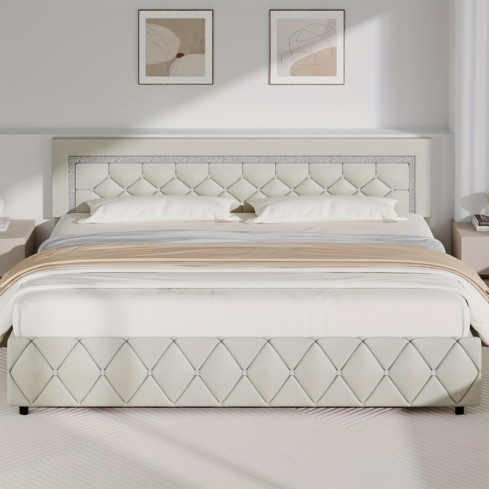 Upholstered Platform Bed Frame with Button-Tufted Diamond Headboard – Wooden Slats, No Box Spring Needed, Twin Full Queen King, Black White Pink Green Gray Beige
