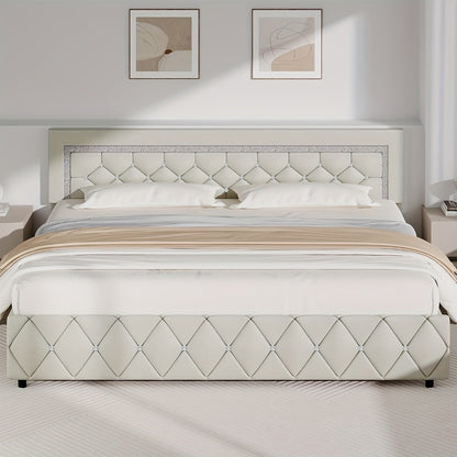 Upholstered Platform Bed Frame with Button-Tufted Diamond Headboard – Wooden Slats, No Box Spring Needed, Twin Full Queen King, Black White Pink Green Gray Beige