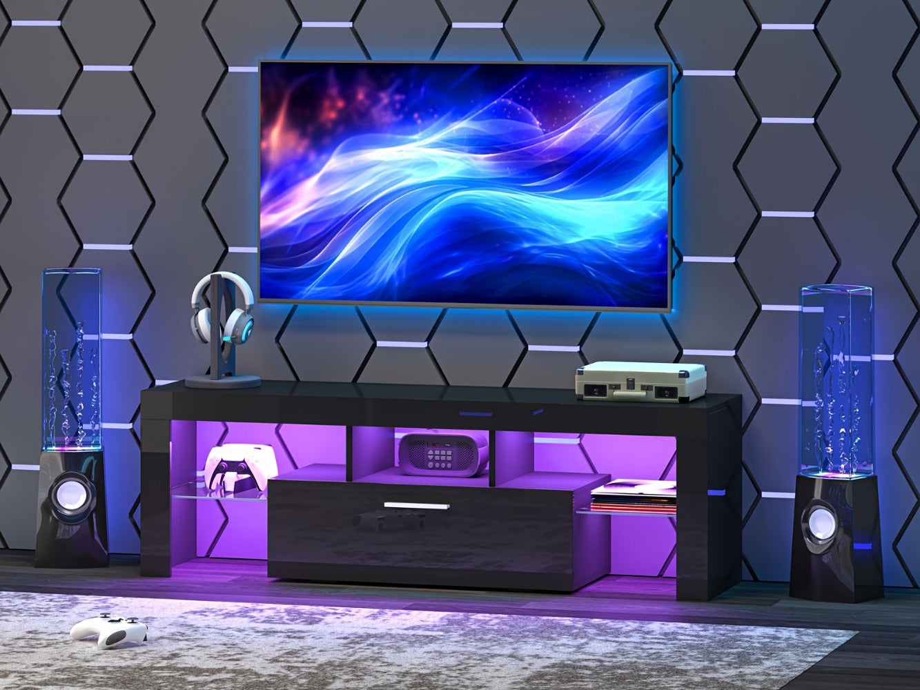 TV Stand with LED Lights & 2 Cabinets for 55 65 75 80 Inch TVs | 71" High Gloss Entertainment Center, Glass Shelves, Wood Media Console | Living Room Bedroom Gaming Room | White, Black or Marble