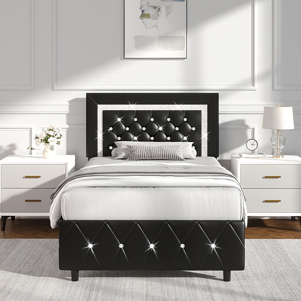 Upholstered Platform Bed Frame with Button-Tufted Diamond Headboard – Wooden Slats, No Box Spring Needed, Twin Full Queen King, Black White Pink Green Gray Beige