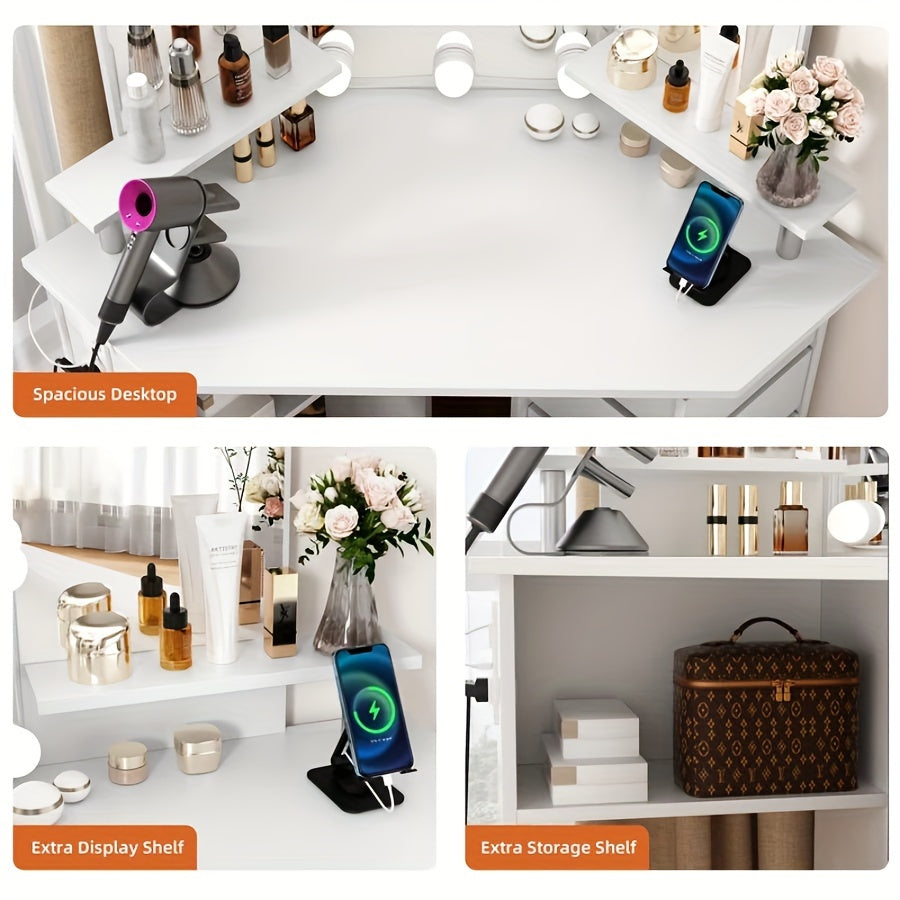 42" Tri-Mirror Corner Makeup Vanity Desk with Outlet, Lights, 5 Sliding Drawers Or Rotating Drawers, Come with Stool