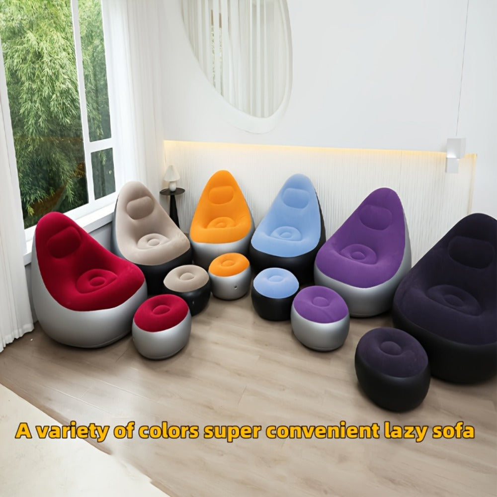 Inflatable Sofa Set with Footstool & Foot Pump Included - Foldable Air Lounge Chair for Indoor Outdoor Camping Patio & Bedroom | Heavy Duty PVC Lazy Couch for Adults | Purple Red Brown