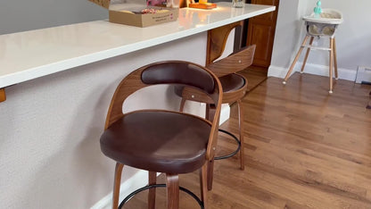 Modern 26" Counter Height Bar Stools Set Of 2, Ergonomic Faux Leather Swivel Chairs With Solid Wood Legs & Metal Footrest, Armless Design For Kitchen & Home Bar