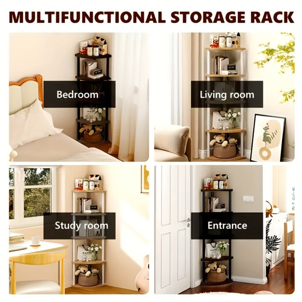 Corner Bookshelf 3/4/5/6 Tier Iron Shelving Unit, Freestanding Corner Storage Shelf for Living Room Bedroom Office, Modern Minimalist Heavy-Duty Space-Saving Decorative Corner Rack