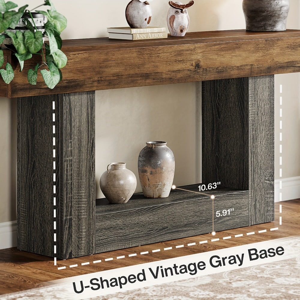 63 Inch Farmhouse Console Table with U-Shaped Base & 2-Tier Shelves, Rustic Brown & Grey Two-Tone Sofa Table for Living Room Hallway Foyer Entryway