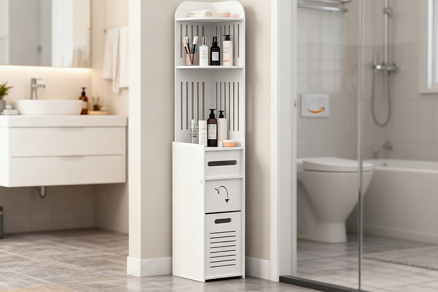 Space-Saving Bathroom Cabinet, 1pc Waterproof Multifunctional Corner Bathroom Storage Cabinet, Freestanding Narrow Space-Saving Organizer with Toilet Paper Holder Stand, Holiday Gift And Home Accessory, Toiletry Organization, Easy Assembly