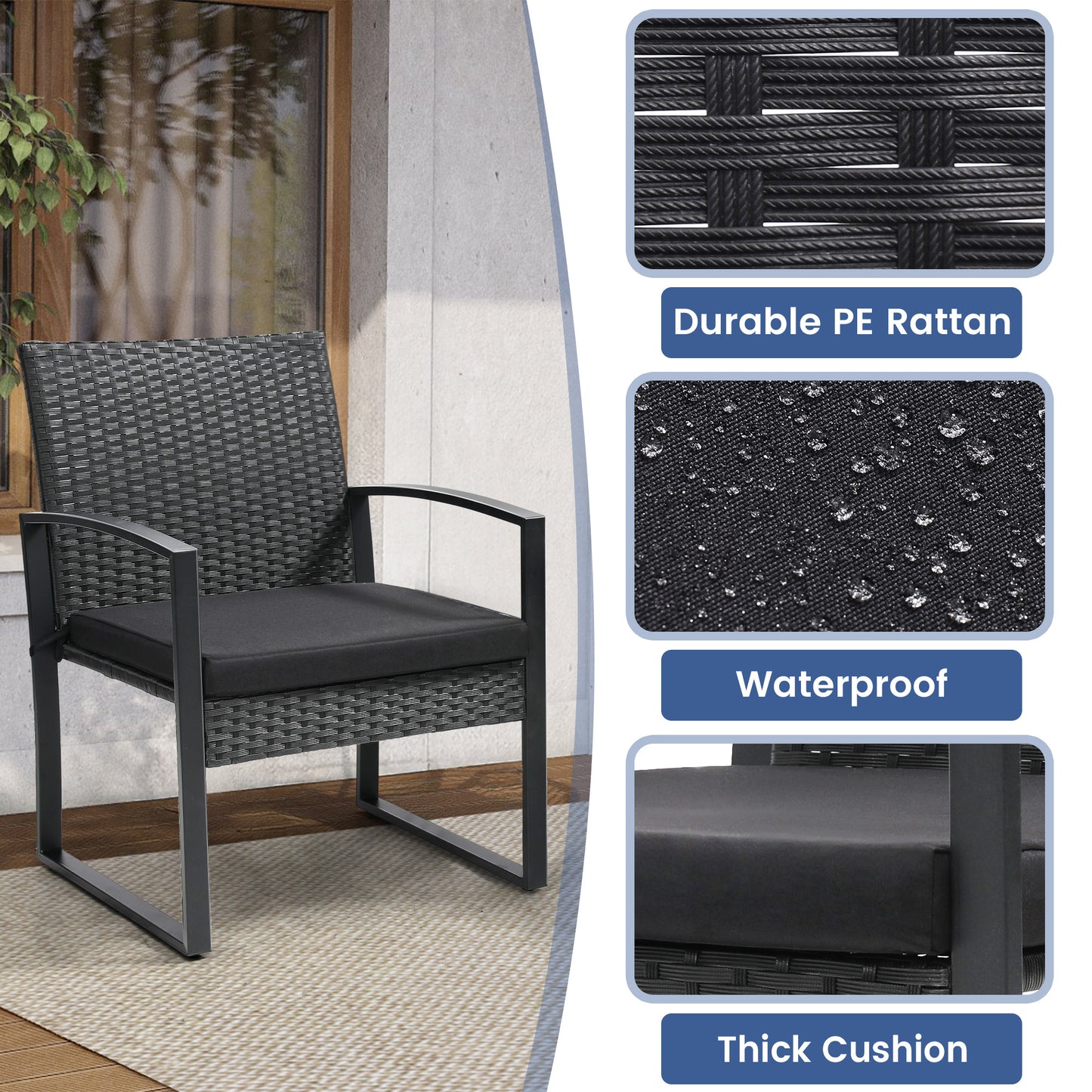 Outdoor Chairs with Bistro Table Furniture Set, Wicker Rattan 3pc Conversation Set includes 2 Waterproof Chairs with Thick Cushions and 1 Bistro Table with Safety Glass Top, Clearance