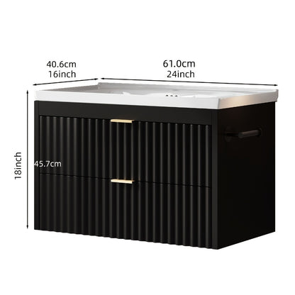 24 Inch Floating Bathroom Vanity with Sink & LED, Wall Mounted Cabinet with 3-Hole Ceramic Sink Wave Line Design 2 Soft-Close Drawers for Small Bathrooms Black White