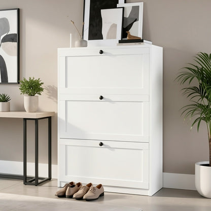 Shoe Cabinet with Flip Drawers & Adjustable Shelf | Narrow Entryway Shoe Storage Cabinet, Freestanding Hidden Shoe Organizer, 2 3 or 4 Drawer Options, White or Black, Space-Saving Hallway Furniture
